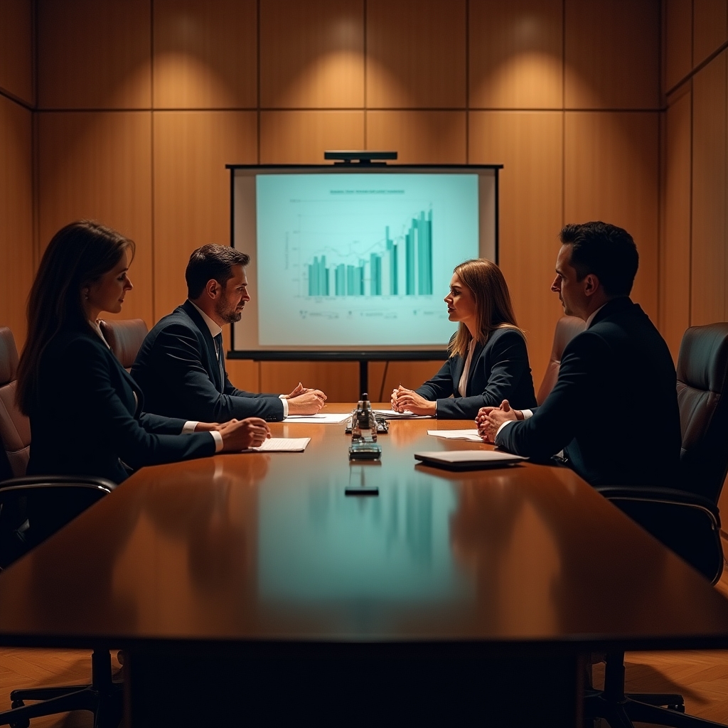 Small executive group listening attentively during a data briefing in a wood-paneled conference room