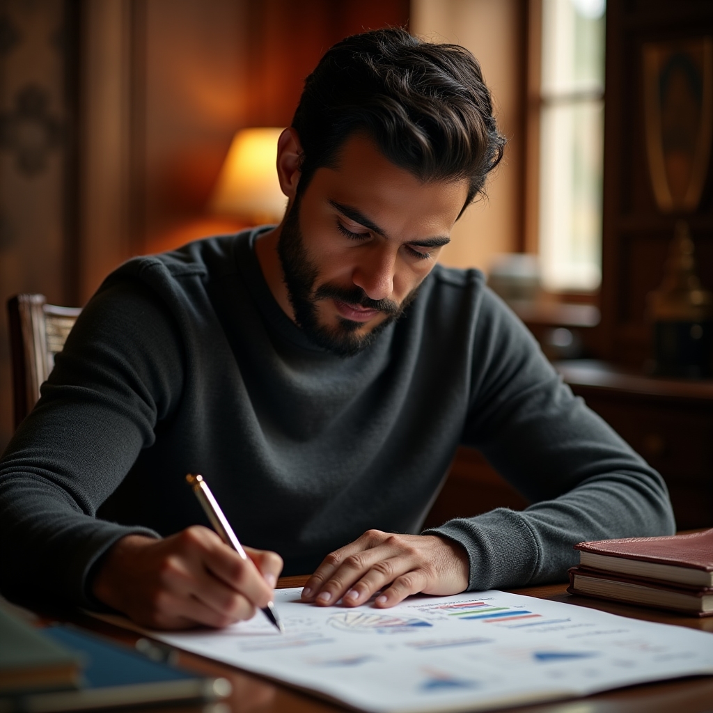 Instructor reviewing a printed chart layout at a wooden desk, marking notes with a pen before a session