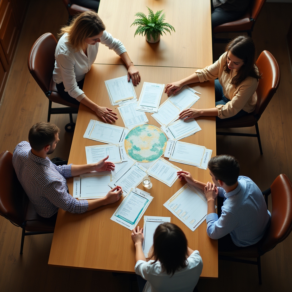 Group of professionals arranging printed chart cards on a table to map out a report narrative sequence