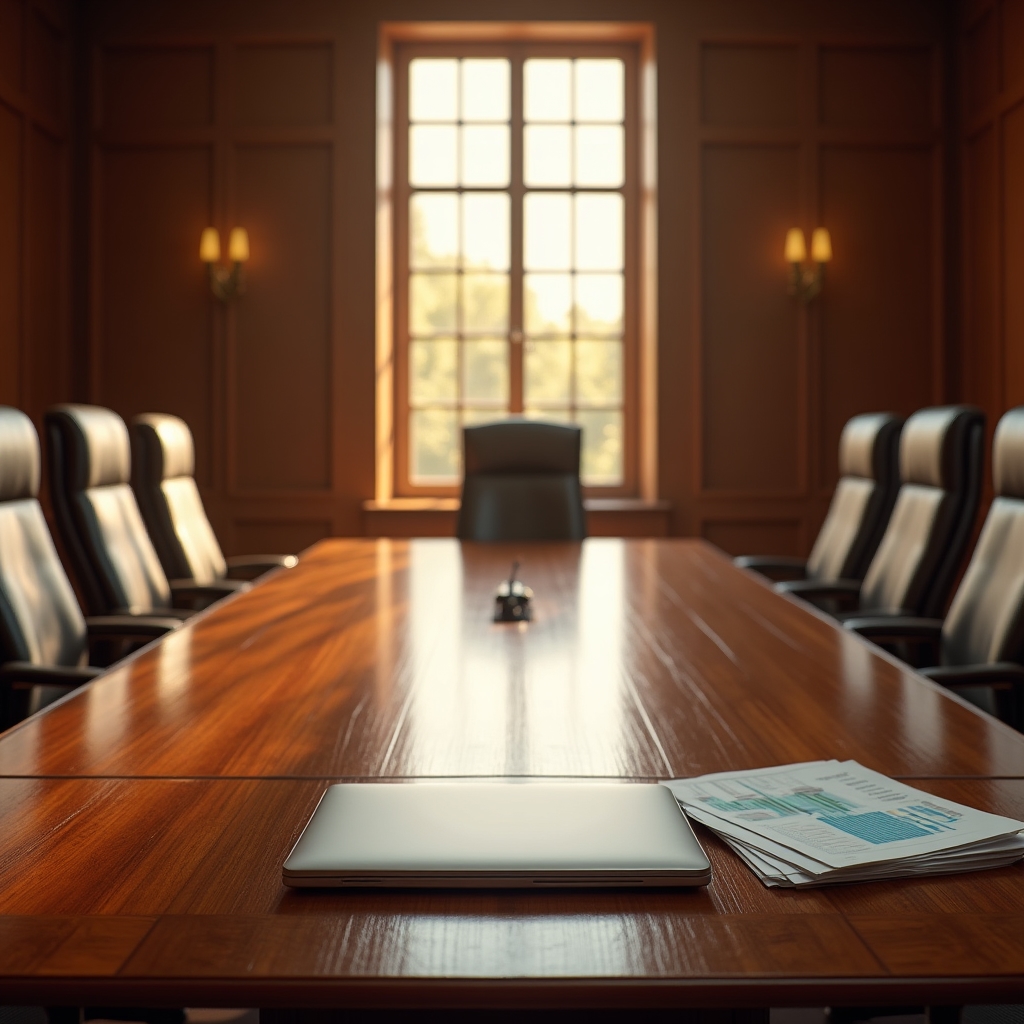 Conference room with a long wooden table and leather chairs used for group session planning