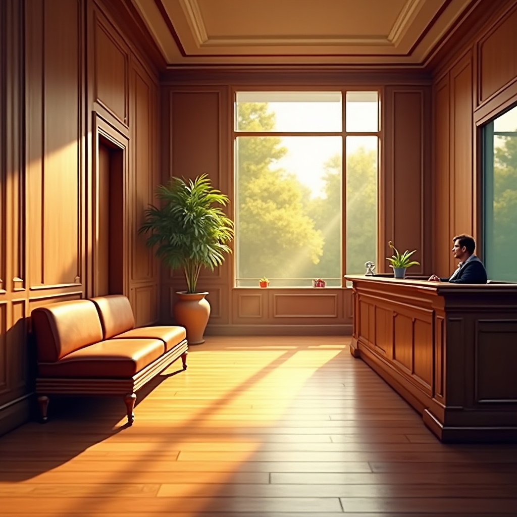 Warm wood-paneled reception area with leather seating where visitors are greeted