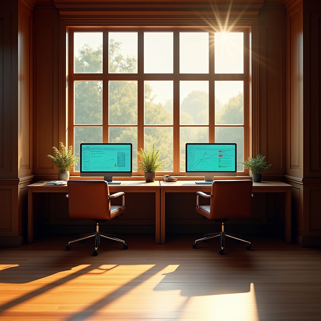 Open workspace with desks and monitors where course materials and dashboards are prepared