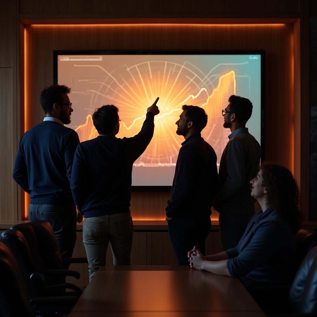 Team reviewing a dashboard on a large screen while discussing which metric to highlight first