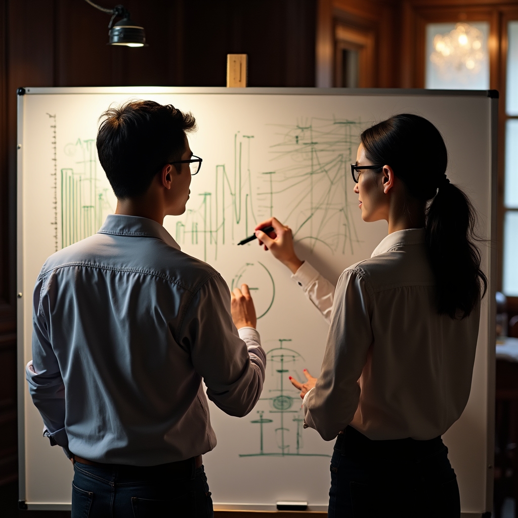 Instructor and participants sketching a chart redesign on a whiteboard during a visualization workshop