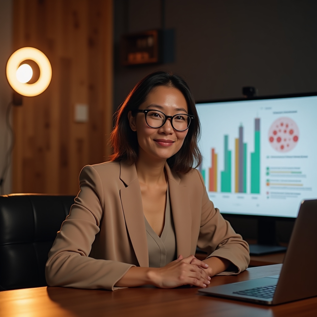 Presenter leading a live online webinar on data storytelling, screen displaying a chart redesign example